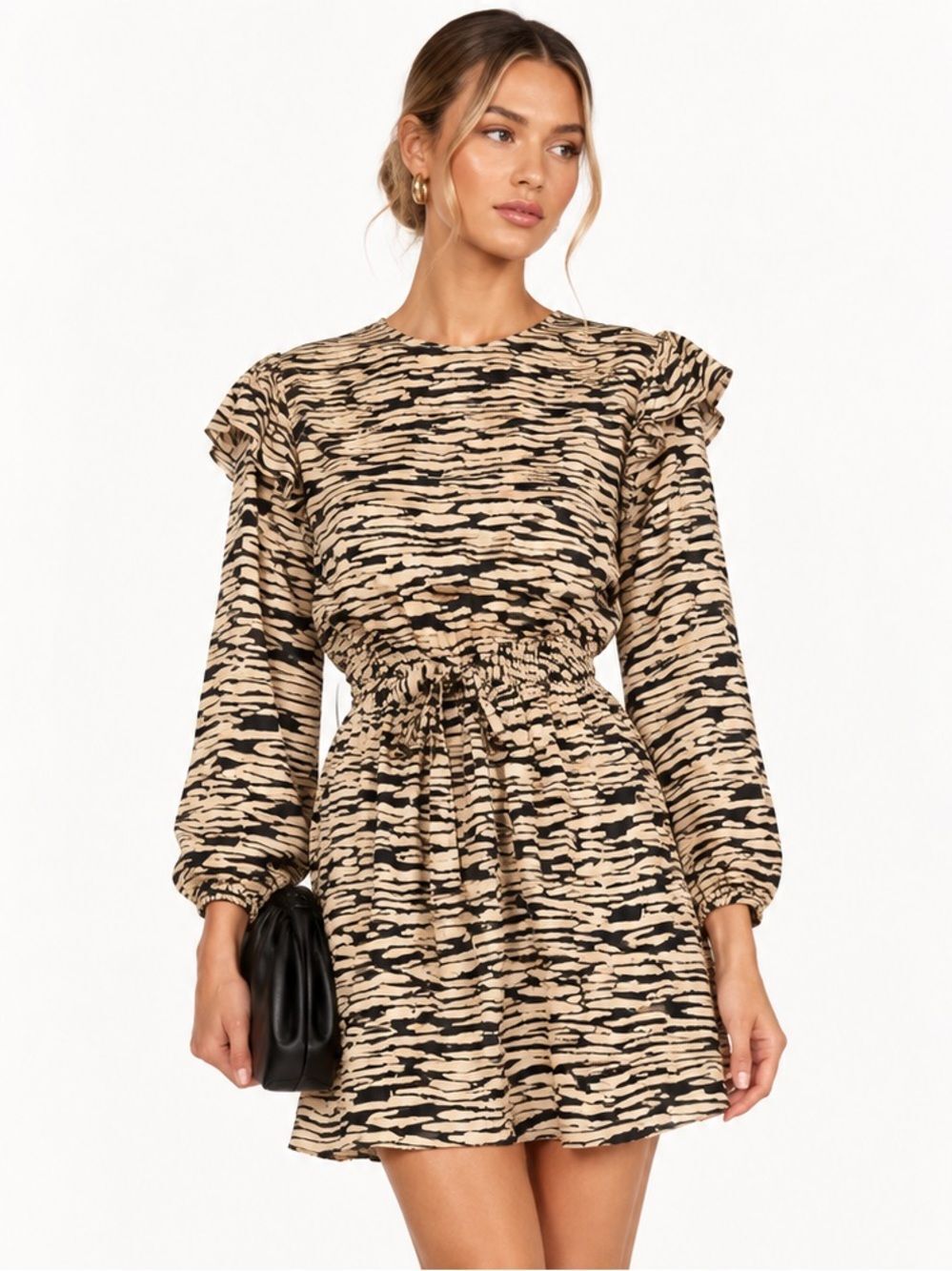RAILS Ora Mini Dress in Beige and Black Canyon  Zebra with Ruffles Size Small
